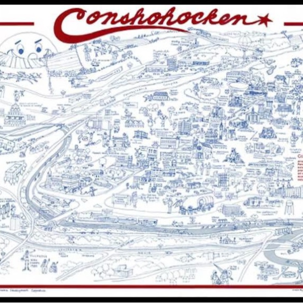 Conshohocken, PA vintage 1985 Illustrated Map Poster PHILADELPHIA suburbs